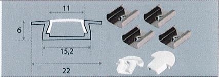 Profilé aliminium encastrable, 2m, fourni avec opalin, clips et bouchons, finition blanche