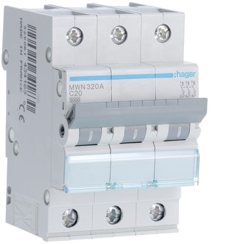 Disjoncteur 3kA - C - 3P - 20A - 3M.