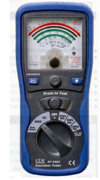 Analogue Insulation Tester, 250-500-1000V; 100/200/400 MΩ,