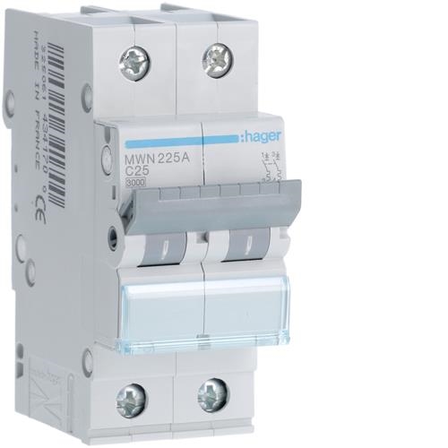 Disjoncteur 3kA - C - 2P - 25A - 2M.