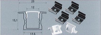 Profilé aliminium encastrable, 2m, fourni avec opalin, clips et bouchons, finition blanche